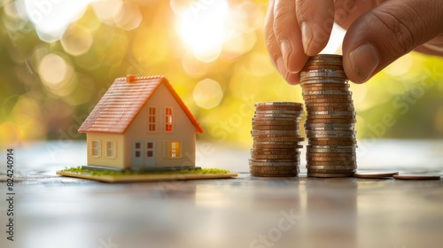 Closeup of a person stacking coins next to a small model house with a bright background, symbolizing savings and investment in real estate