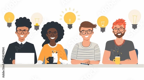 Imagine a flat design of a group of coworkers having a fun brainstorming session photo