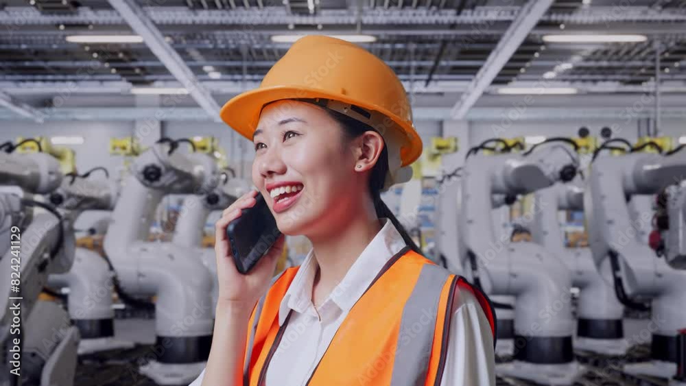 Close Up Side View Of Asian Female Engineer With Safety Helmet Talking On Smartphone While Standing With Robotic Arms Close Up Side View Of Asian Female Engineer With Safety Helmet Talking On Smartphone While Standing With Robotic Arms