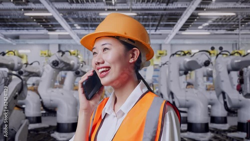 Wallpaper Mural Close Up Side View Of Asian Female Engineer With Safety Helmet Talking On Smartphone While Standing With Robotic Arms Torontodigital.ca