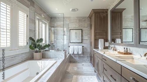 A luxury bathroom with marble countertops in a new home  showcasing highend design and amenities