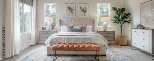 A luxury bedroom with modern decor in a new home, showcasing comfort and style. photo