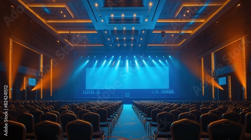 Empty Event Hall with Blue and Orange Lights