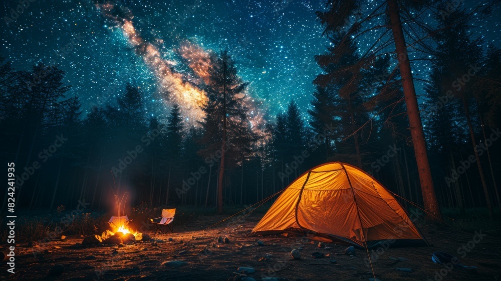 A small orange tent is set up in a forest with a fire nearby A small orange tent is set up in a forest with a fire nearby