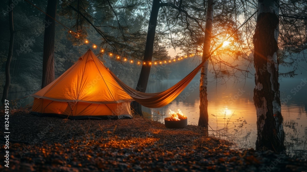 A small orange tent is set up next to a campfire A small orange tent is set up next to a campfire