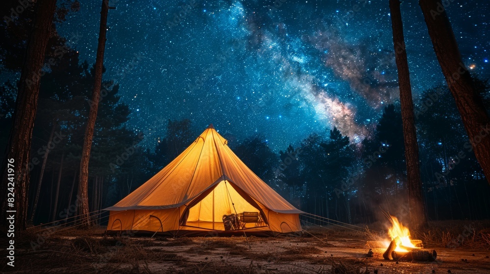 A small, round tent is set up in a forest at night A small, round tent is set up in a forest at night