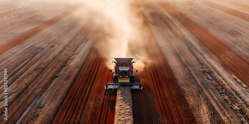 Harvesting with a Combine Harvester on a Vast Farm Field. Concept Agricultural Machinery, Harvest Season, Farming Technology, Rural Landscape, Crop Production