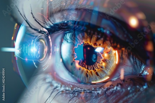 Realistic hologram of human eye and real eye close-up.Laser eye surgery, cataract, ophthalmologist