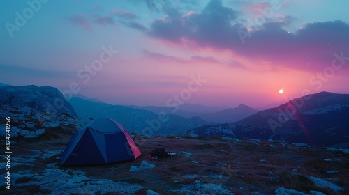 A blue tent is set up on a rocky hillside