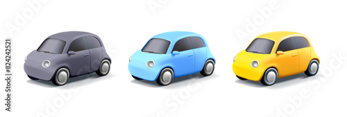 A set of colorful 3D retro cars. Small cars on a white background. For design concepts of promotional materials, and icons. Vector