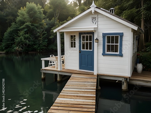 Charming boathouse with a small dock and nautical decor, generative AI