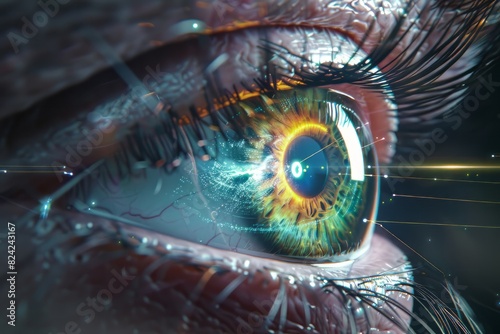 Realistic hologram of human eye and real eye close-up.Laser eye surgery, cataract, ophthalmologist