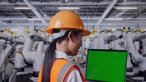 Wallpaper Mural Close Up Back View Of Asian Female Engineer With Safety Helmet Working On A Green Screen Laptop And Looking Around With Robotic Arms Torontodigital.ca