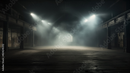 Smoke-filled room under searchlights