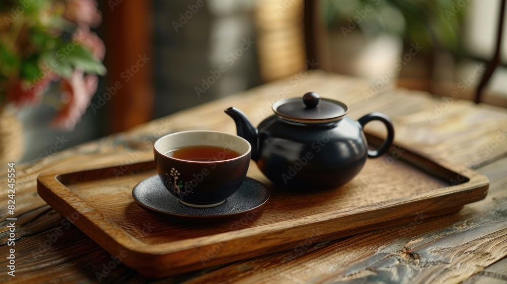 Φωτογραφία Teapot and cup of tea on a wooden tray