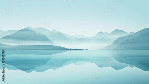 A serene landscape with mountains reflecting in calm waters, rendered in the style of a minimalist using soft pastel colors photo