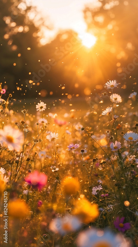 Sunsets on a field of wild flowers and sunset sky. Wildflowers in light. Blooming spring meadow