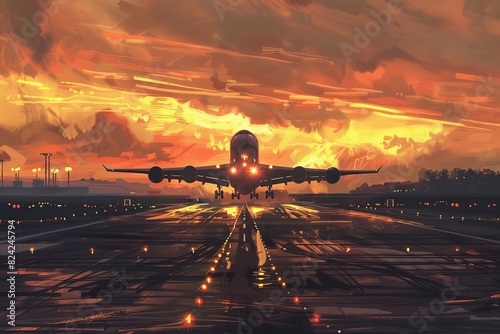 majestic jetliner takeoff at golden hour dramatic airport runway scene digital painting photo