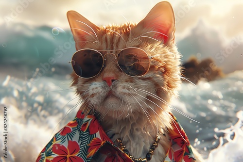 Cool cat in sunglasses and Hawaiian shirt enjoying ocean waves, embodying a laid-back beach vibe and tropical fun.