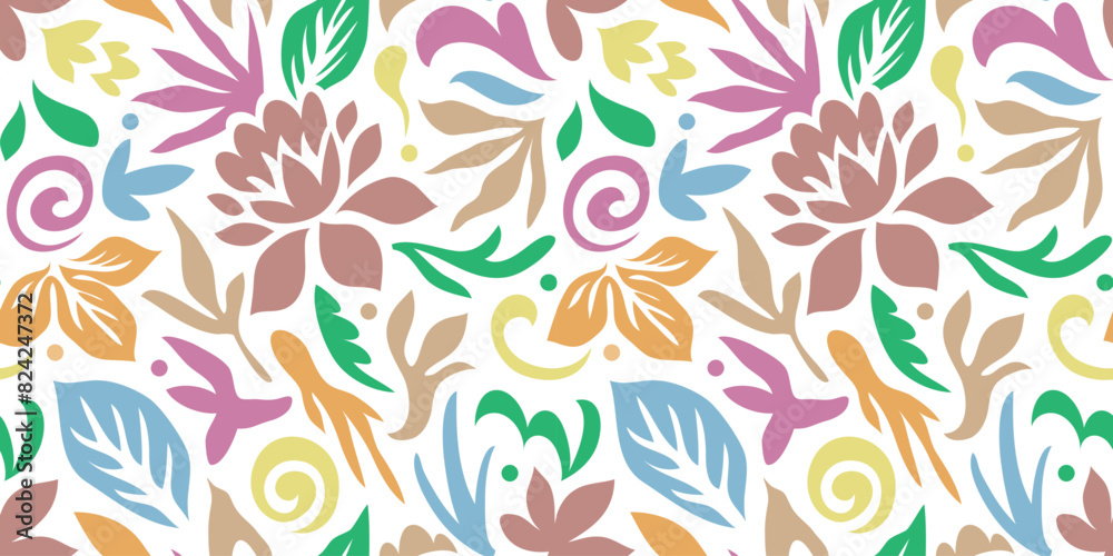 Abstract plant leaf art seamless pattern with colorful freehand doodle collage. Organic leaves cartoon background, simple nature shapes in vintage pastel Abstract plant leaf art seamless pattern with colorful freehand doodle collage. Organic leaves cartoon background, simple nature shapes in vintage pastel