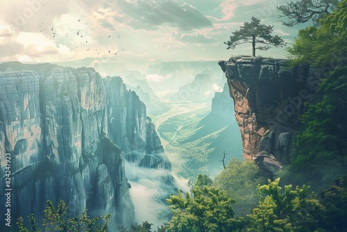 majestic national park landscape with towering cliffs and lush forests adventure concept digital art photo