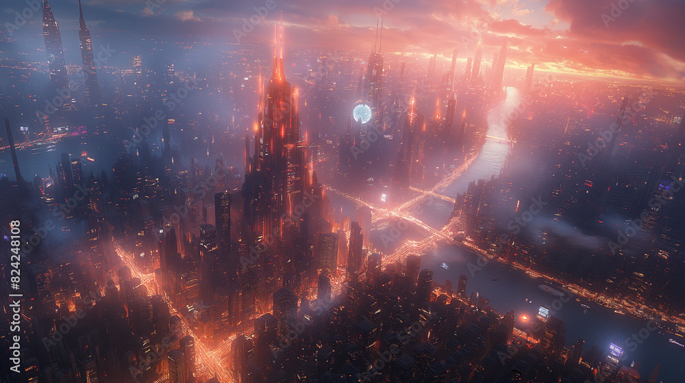 Fototapeta premium A futuristic cityscape at night, with towering skyscrapers