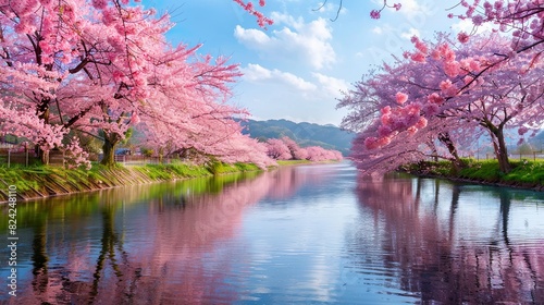 A landscape with a river or lake lined with Sakura trees, creates a picturesque scene