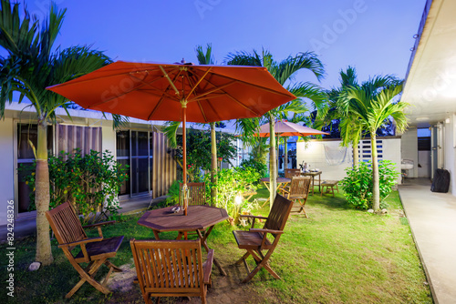                                                           The lovely courtyard of the pension where we stayed in dusk.                                                                 2021   4   27             At Aka Island  Kerama Islands  Shimajiri-gun  Okinawa  Japan. Photographed on April