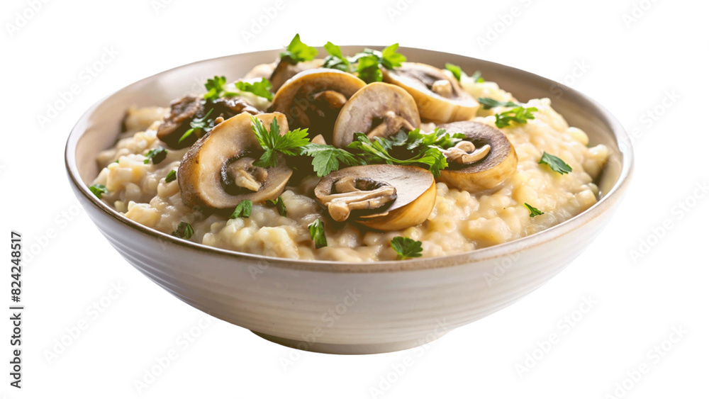 A bowl of creamy risotto with mushrooms isolated on Transparent background. A bowl of creamy risotto with mushrooms isolated on Transparent background.