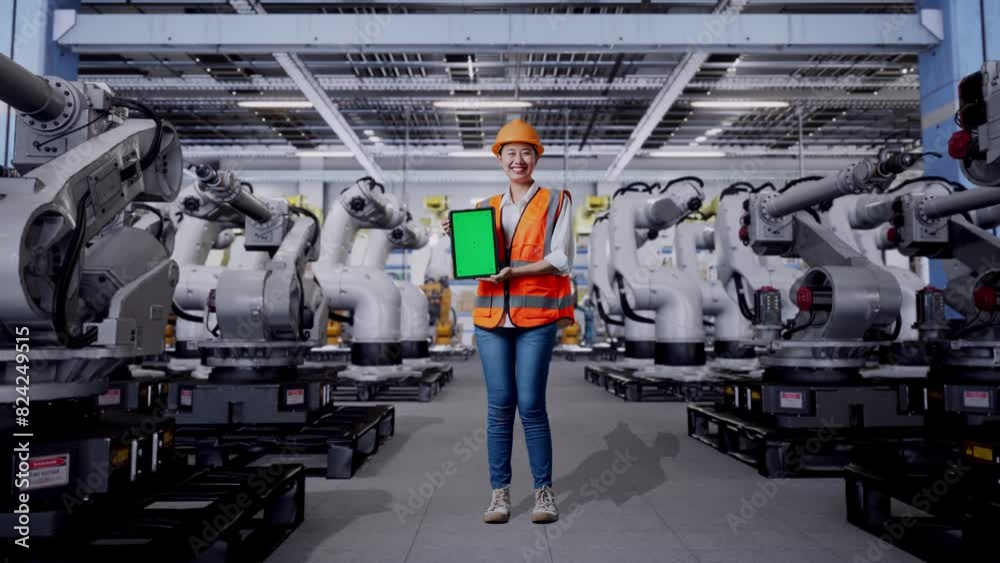 Full Body Of Asian Female Engineer With Safety Helmet Smiling And Showing Green Screen Tablet To The Camera With Robotic Arms Full Body Of Asian Female Engineer With Safety Helmet Smiling And Showing Green Screen Tablet To The Camera With Robotic Arms