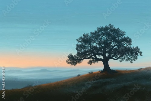 majestic solitary oak tree stands tall on a misty hill at dawn nature landscape digital painting