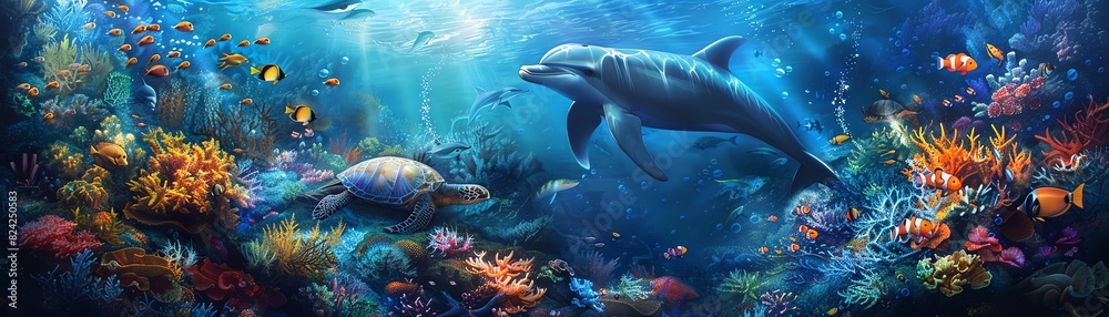 Fototapeta premium Underwater scene with a dolphin, sea turtle, and colorful coral reef. Vibrant marine life in a blue ocean setting.