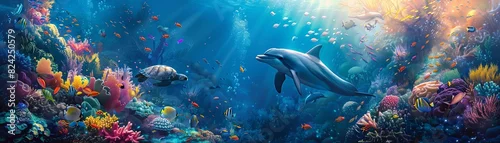 Fototapeta samoprzylepna Vibrant underwater scene featuring a dolphin and sea turtle amidst colorful coral reefs and diverse marine life bathed in sunlight.