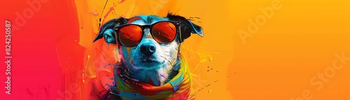 Colorful, fun, cool dog with sunglasses and scarf against vibrant orange and red background. Perfect for creative, playful mood settings