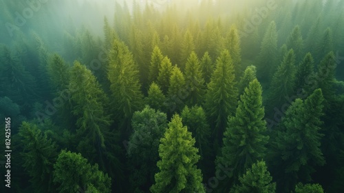Lush Forest Canopy with Morning Fog