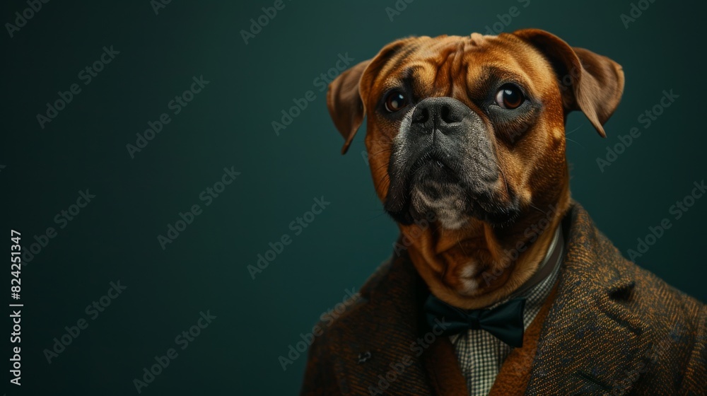 Realistic photo of a dog portrayed as an office worker,  solid color background with ample copy space. professionalism with a playful twist, perfect for creative and corporate uses
