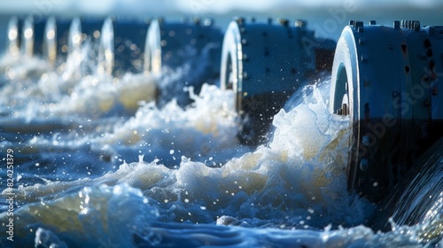 A group of cylindrical wavepowered generators lining a bay spinning rapidly as the waves roll in from the open ocean. photo