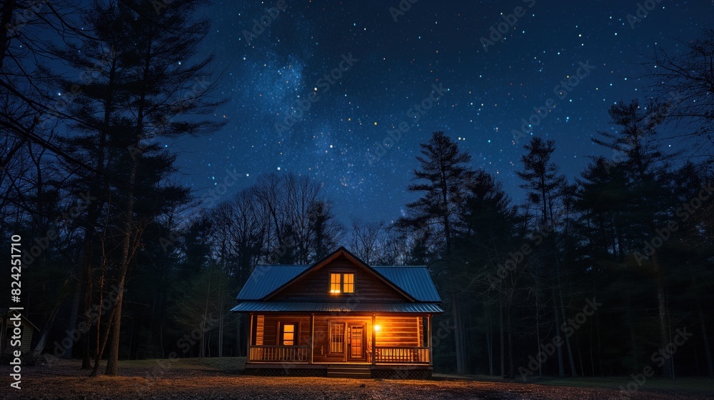 Cozy Cabin Under Starry Night Sky Cozy Cabin Under Starry Night Sky