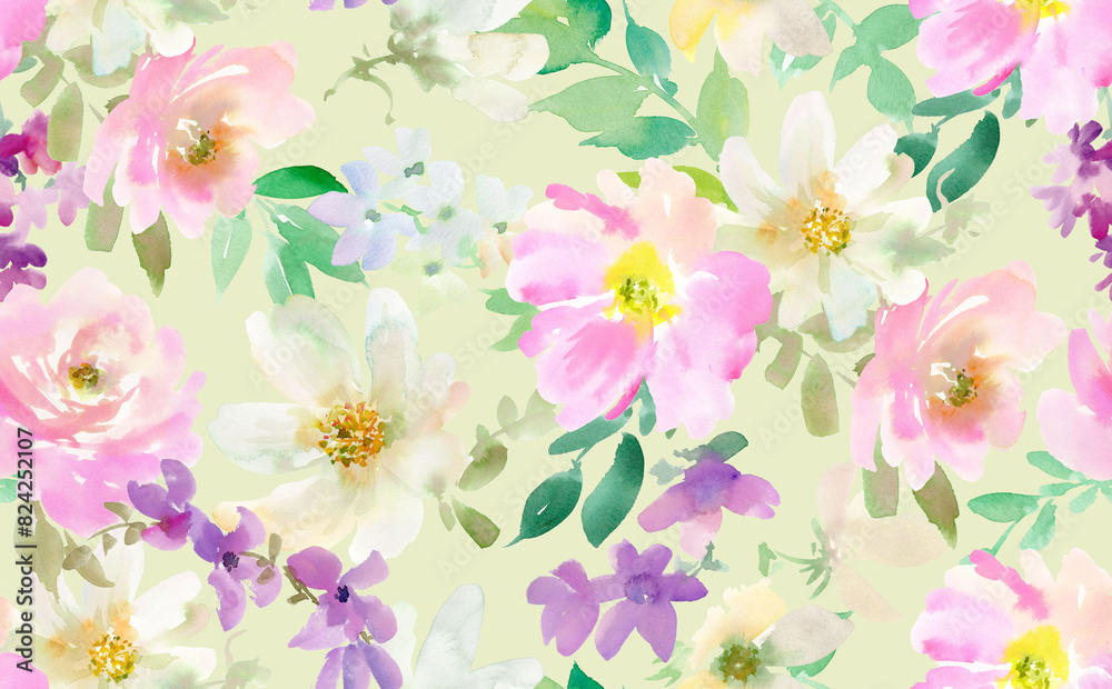 Seamless pattern of softly colored watercolor-painted flowers and plants