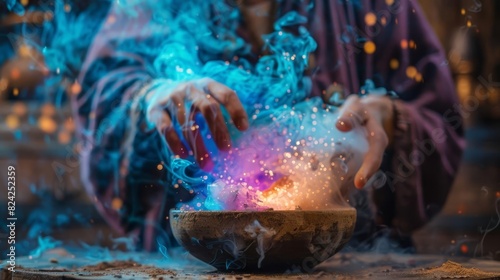 Illustrate an alchemist carefully mixing ingredients in a crucible, with colorful vapors rising from the mixture, Close up photo