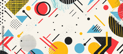 A vibrant and dynamic background illustration with bold geometric shapes, featuring bright colors like reds, yellows, blues, black dots, triangles, circles, and squares in an abstract pattern