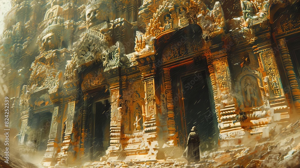 Illustrate an explorer discovering an ancient underground temple, filled with mysterious carvings and statues, Close up