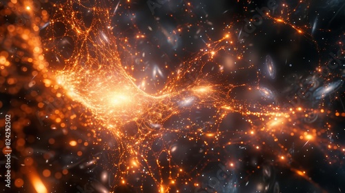 Illustrate an artists concept of dark matter filaments weaving through the cosmos, connecting clusters of galaxies, Close up