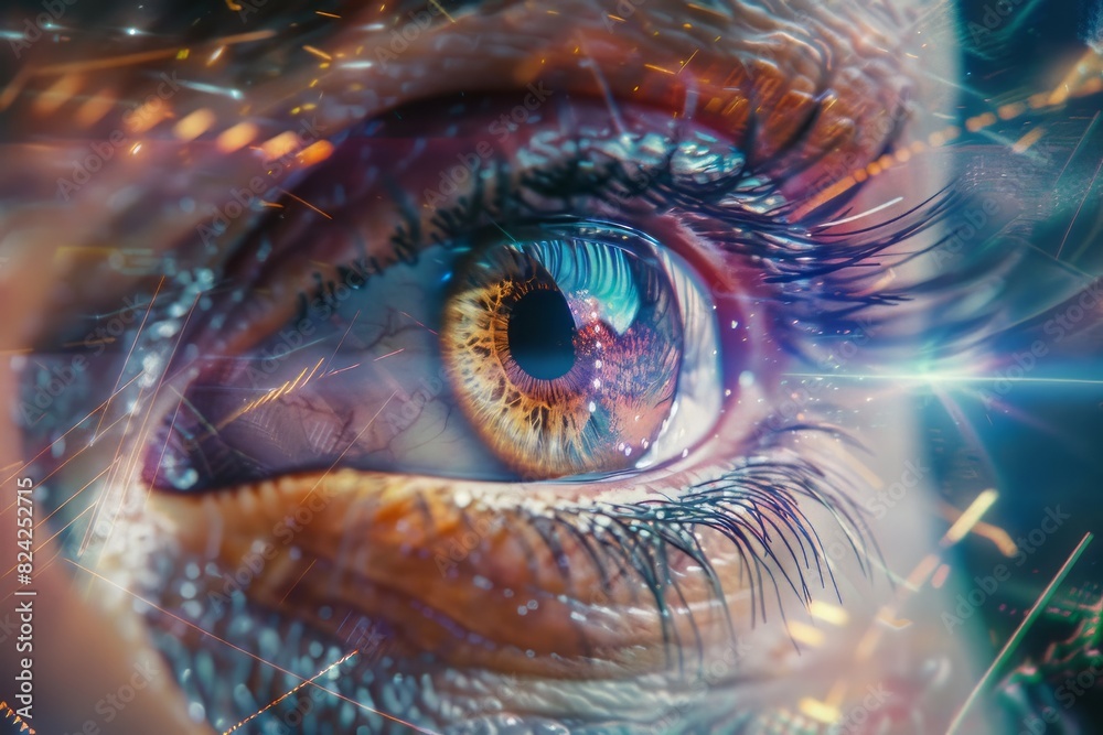 Realistic hologram of human eye and real eye close-up.Laser eye surgery, cataract, ophthalmologist Realistic hologram of human eye and real eye close-up.Laser eye surgery, cataract, ophthalmologist