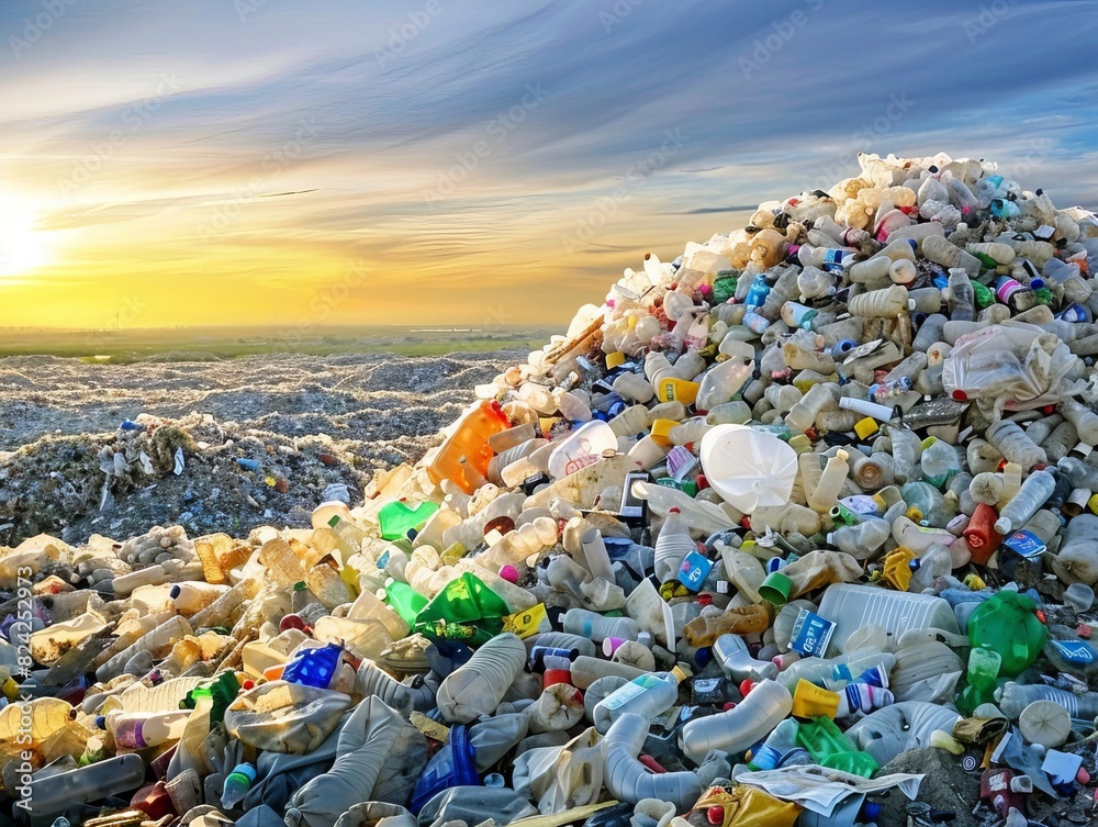 Overloaded landfill sites with mountains of plastic refuse, highlighting waste management issues leading to pollution, Retro Spectrum, Virtual Reality, Mystic Elation, , , ,