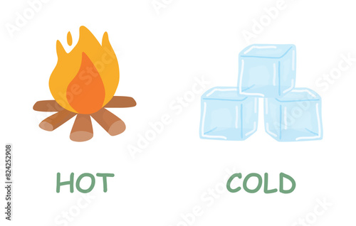 Opposite adjective antonym words cold and hot illustration of bonfire and ice cube explanation flashcard with text label