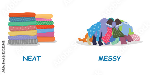 Opposite adjective antonym words neat and messy illustration of pile of clothes explanation flashcard with text label