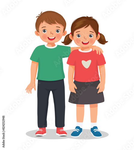 Two happy cute little kids boy and girl best friend hugging each others