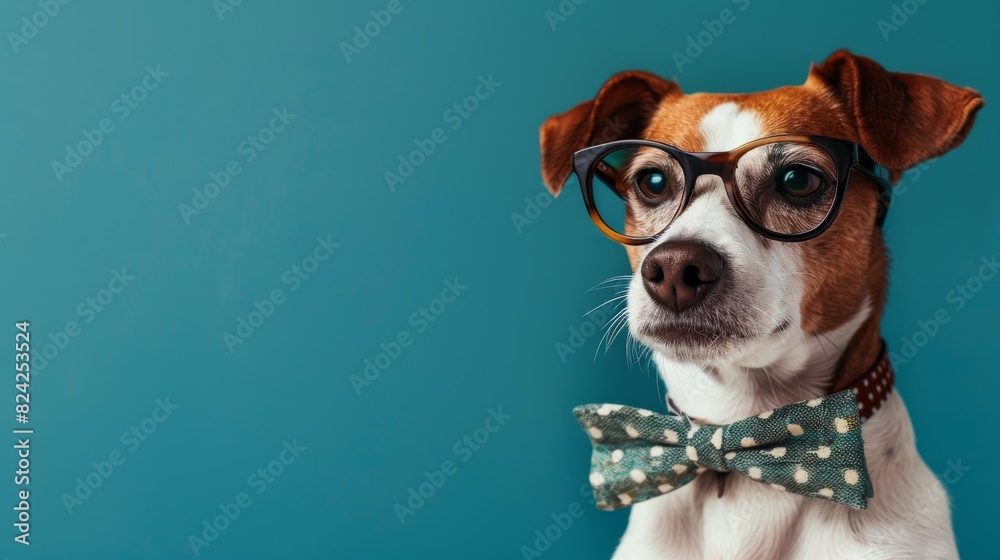 Realistic photo of a dog portrayed as an office worker,  solid color background with ample copy space. professionalism with a playful twist, perfect for creative and corporate uses