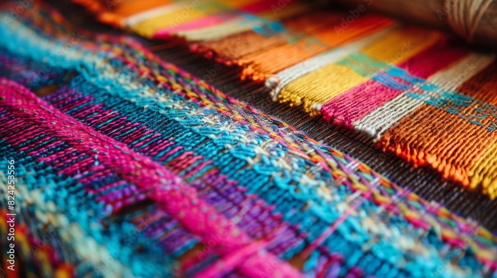 A close-up of a loom weaving cotton threads into a vibrant and colorful pattern. A close-up of a loom weaving cotton threads into a vibrant and colorful pattern.